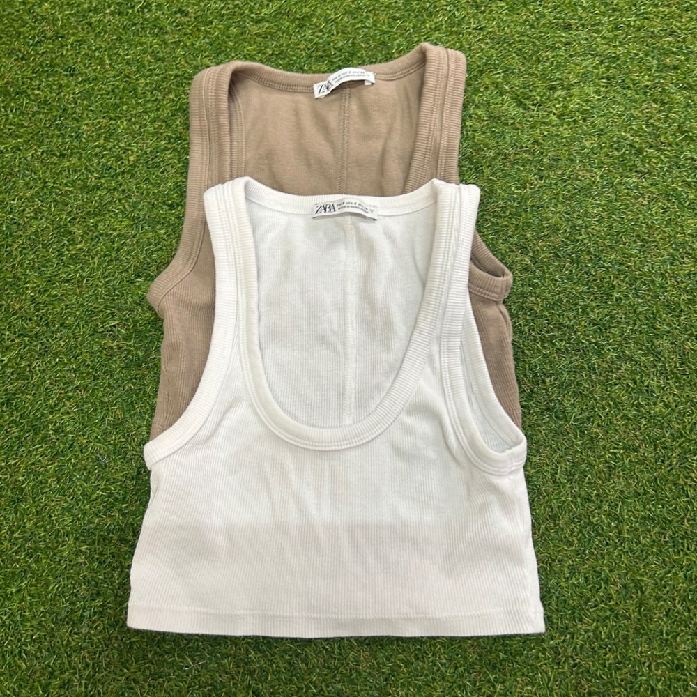 Zara Ribbed Crop Tank Top Set of 2 White Tan Small Scoop Neck Racerback